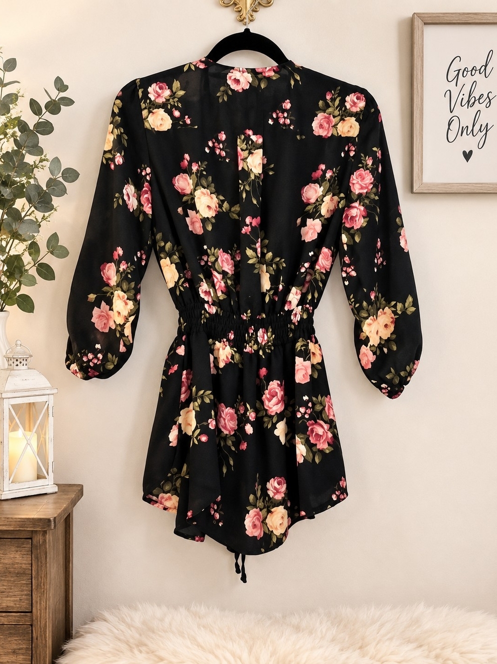 Rue21 Cottagecore Black Floral Blouse Smocked Waist Balloon Sleeve Coquette M